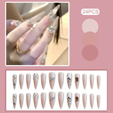 24Pcs Stiletto Press on Nails Long Almond Nude Color Fake Nails Shiny Cat's Eyes Diamond Designs Bride Wedding False Nails